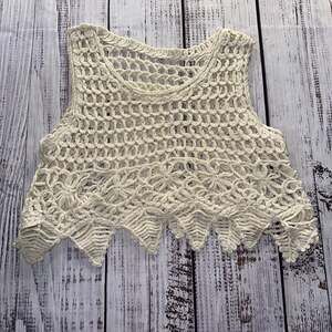 Boho Ivory Crochet Hollow Out Fairy Sleeveless Crop Top with Scalloped Leaf Hem